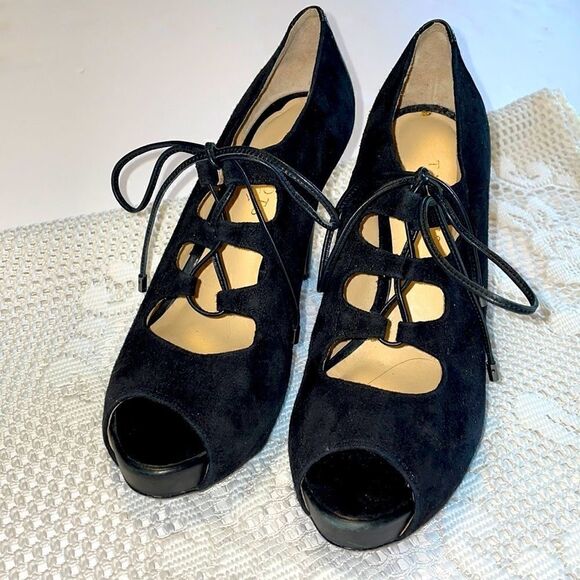 Talbots black suede tie up 4 inch high heels 8M - Picture 2 of 10